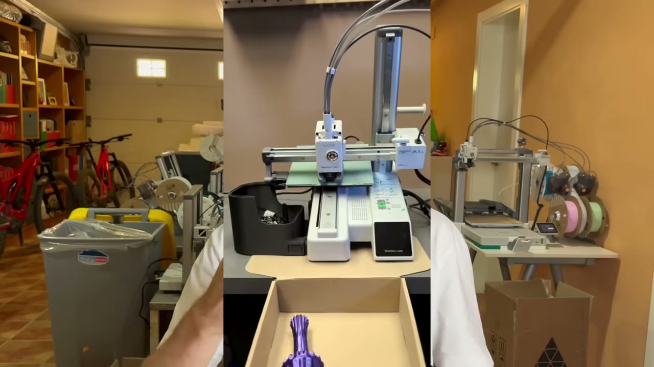 Bambu Lab A1 colocada sobre una caja de recogida para que las piezas caigan al terminar la impresión