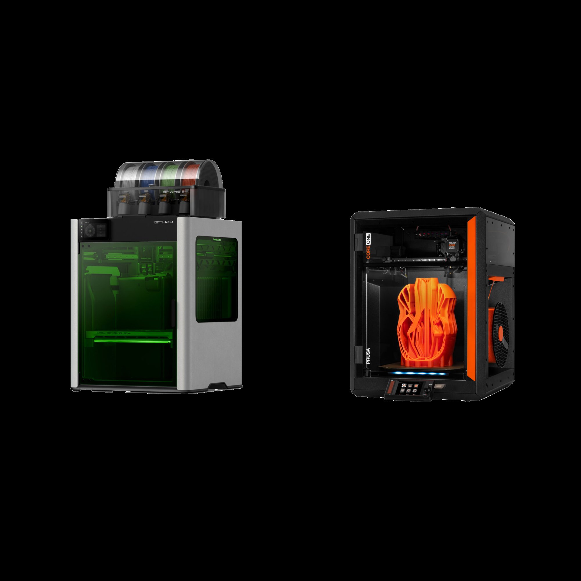 Impresora Bambu Lab H2D junto a una Prusa Core One