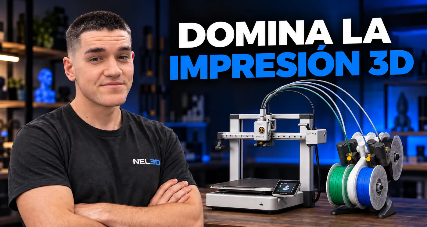 Nel, de Aprende3D, junto a una impresora 3D Bambu Lab A1 con AMS Lite: Domina la impresión 3D